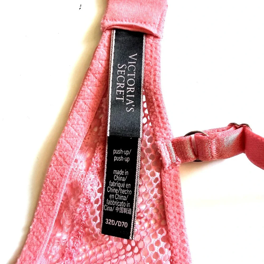 Victoria Secret Very Sexy Lace Fishnet Pushup Bra 32 D Pink Underwire Padded Cup